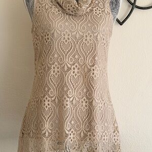 Chic Lace Cowl Neck Blouse - Beige